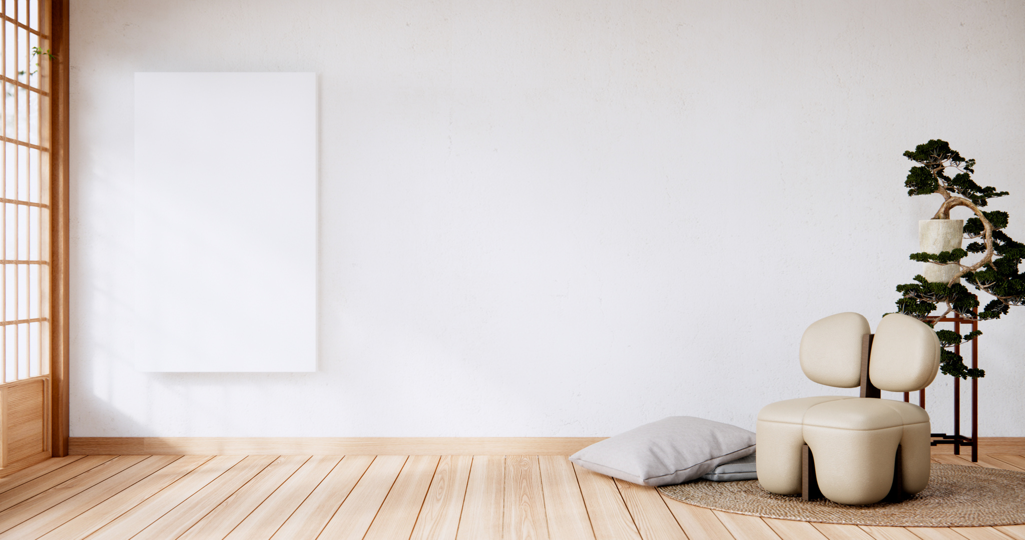 Interior mock up with armchair in japanese living room with empt