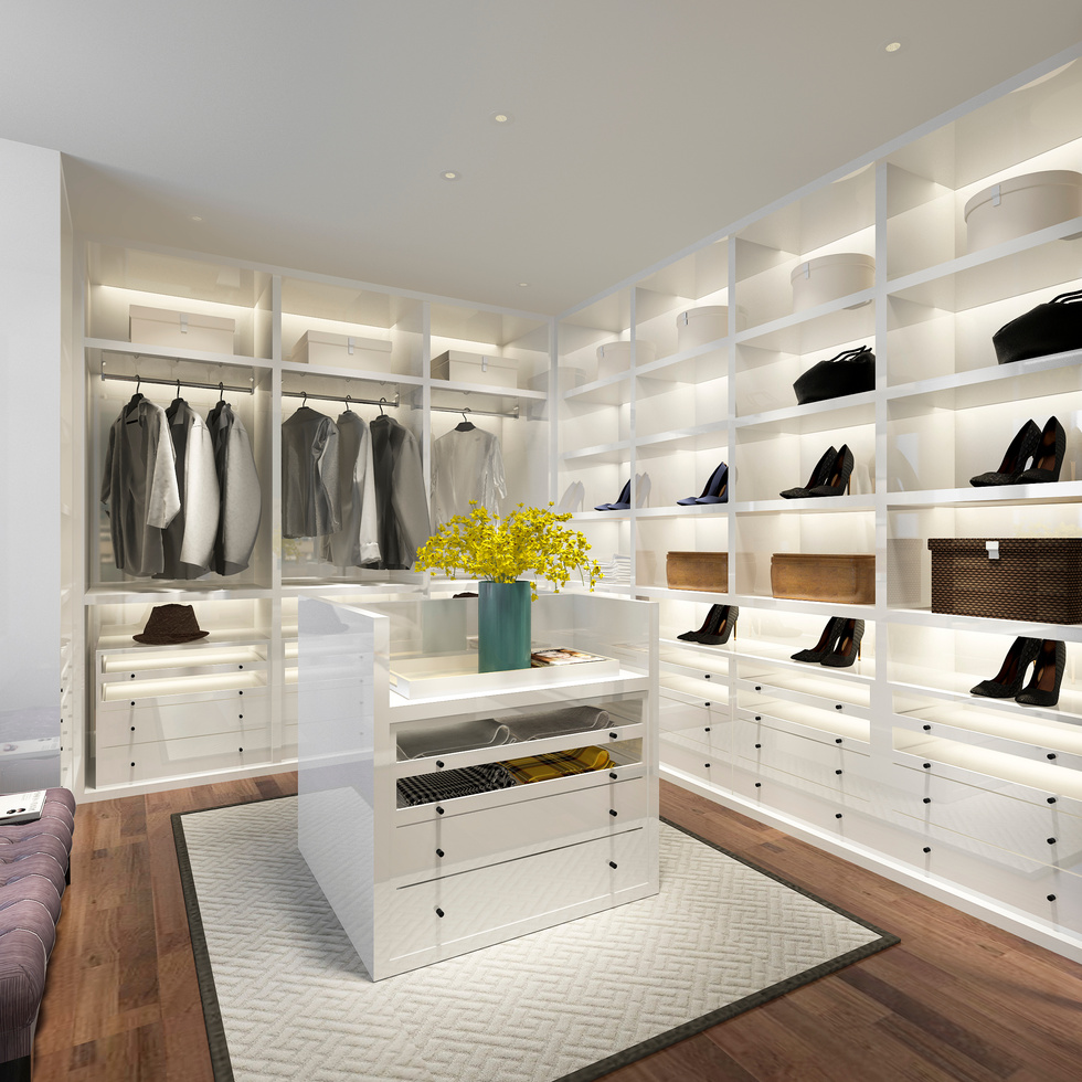 3D Rendering of White Scandinavian Walk in Closet 